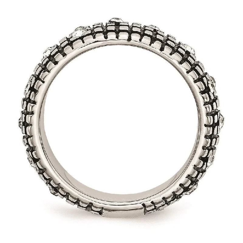 Stackable rings with mixed metal finishes -Stainless Steel Crystal Antiqued Ring