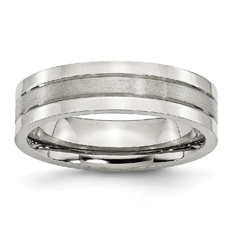 Rings with wide bands for statement wear -Stainless Steel Grooved 6mm Satin and Polished Band