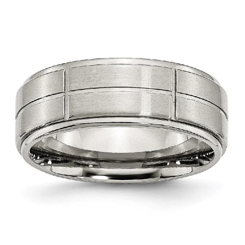 Rings with delicate filigree sapphire settings -Stainless Steel Grooved 8mm Brushed/Polished Ridged Edge Band