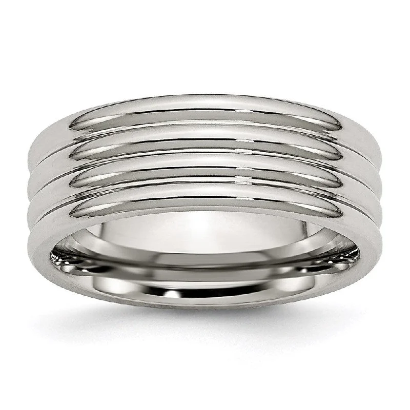 Rings with vine-wrapped bands for nature -Stainless Steel Grooved 8mm Polished Band