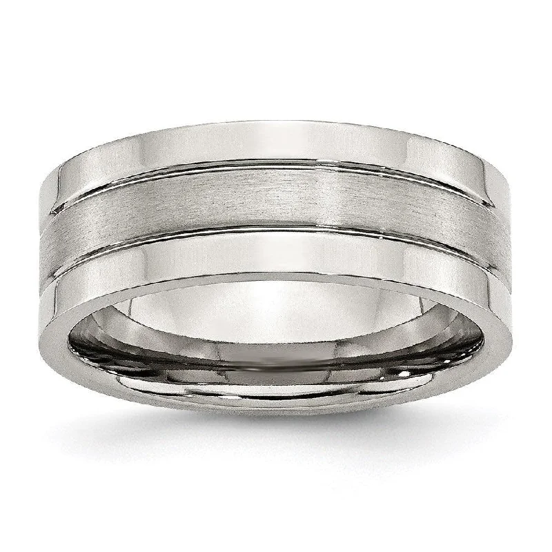 Rings with hexagon-cut stones for trendiness -Stainless Steel Grooved 8mm Satin and Polished Band