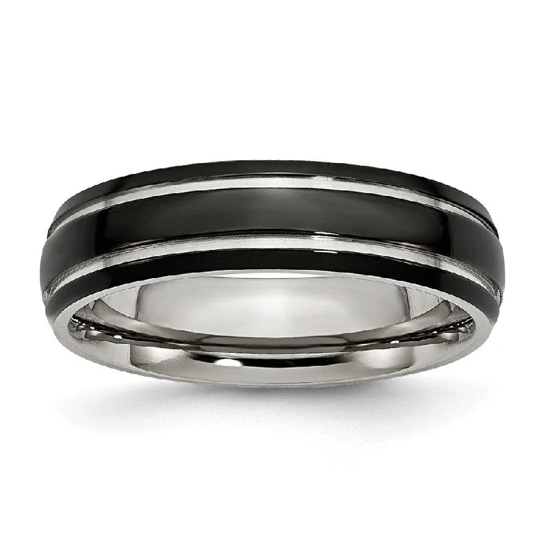 Rings with wide bands for statement wear -Stainless Steel Grooved & Polished 6mm Black IP-plated Band