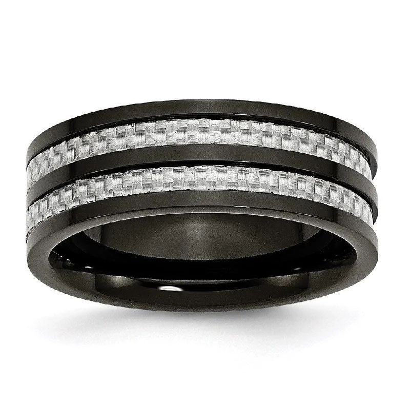 Rings with coral stones for vibrant pop -Stainless Steel Polished 8mm Black IP-plated Grey Carbon Fiber Inlay Band