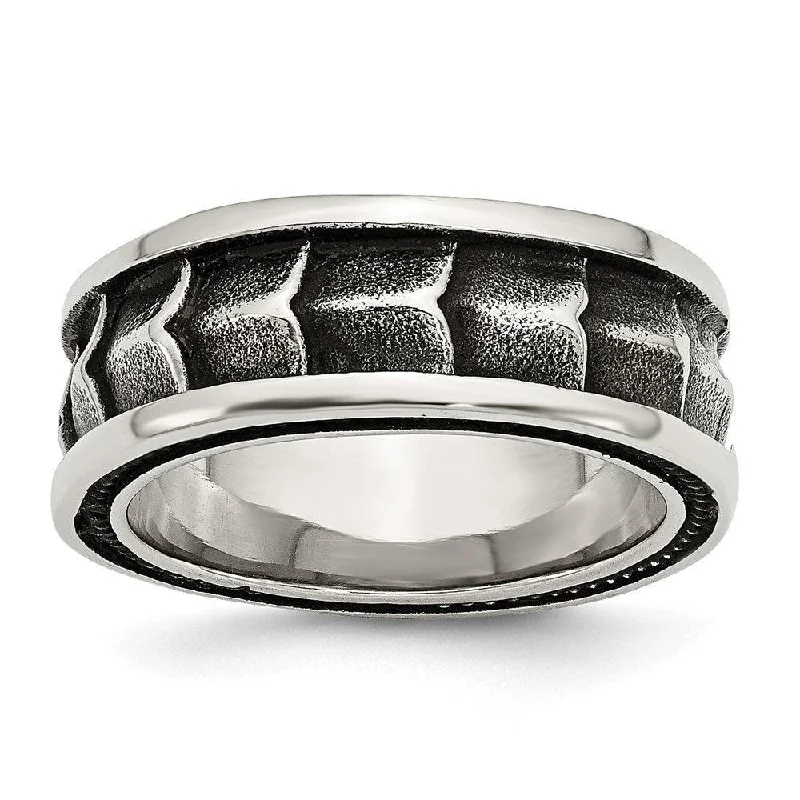 Rings with double bands for modern twist -Stainless Steel Polished and Antiqued 9mm Band