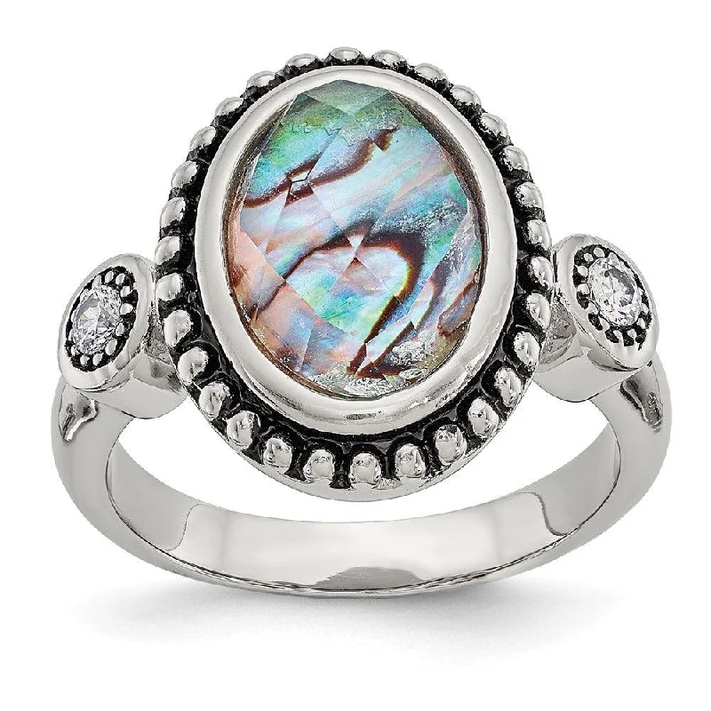 Rings with mandala engravings for spiritual vibe -Stainless Steel Polished and Antiqued Imitation Abalone and CZ Ring