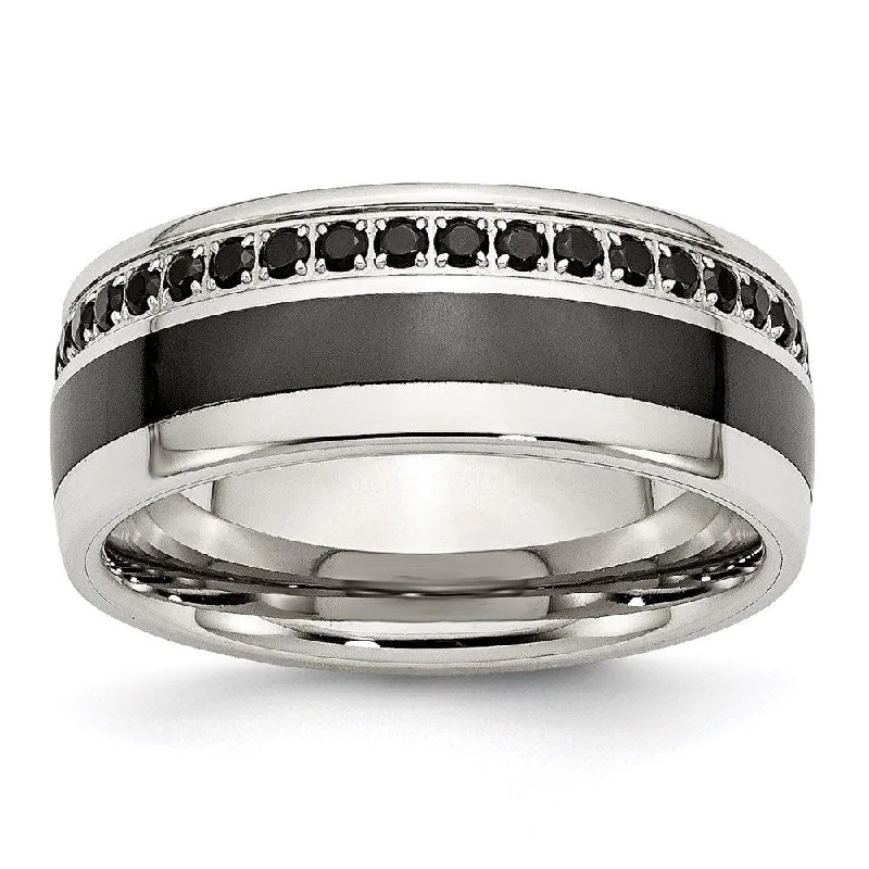 Rings with rough sapphire for rugged chic -Stainless Steel Polished Black Ceramic Inlay CZ 9.00mm Band