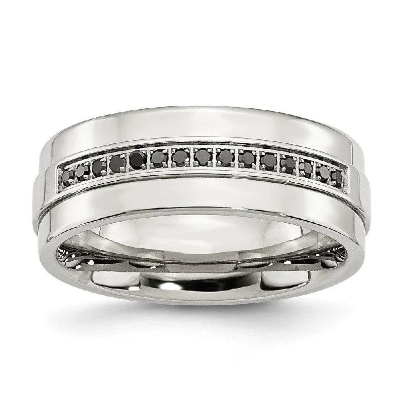 Rings with adjustable bands for perfect fit -Stainless Steel Polished & Black Diamonds 8mm Band