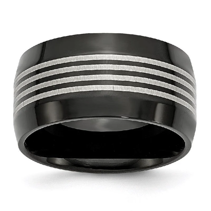 Minimalist rings with tiny diamond dot accents -Stainless Steel Polished Black IP-plated 12.00mm Band