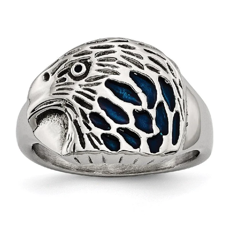 Rings with rainbow moonstone for color play -Stainless Steel Polished Blue Enamel Eagle Ring