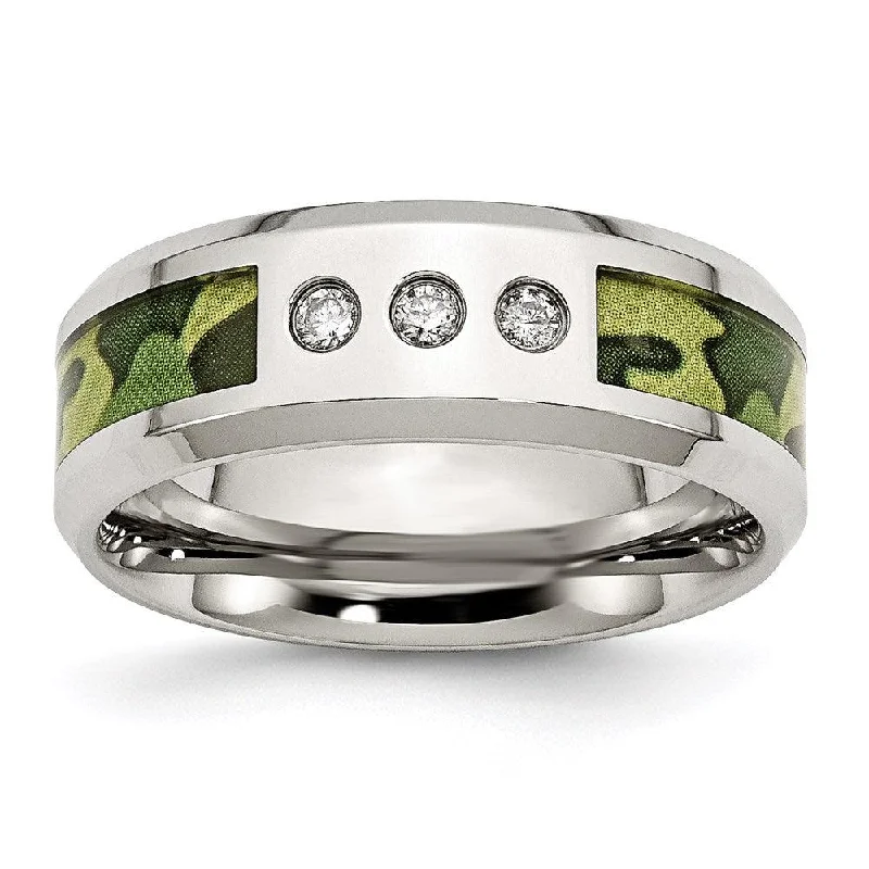 Rings with faceted aquamarine for sea glow -Stainless Steel Polished Camouflage Diamond Band