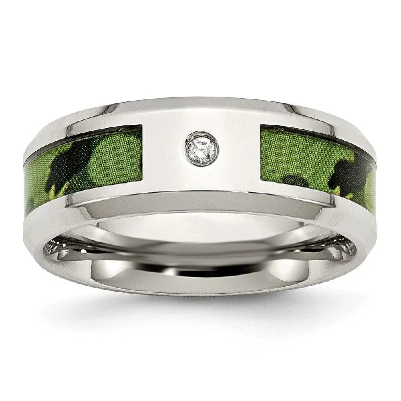 Rings with vintage-inspired emerald for luxury -Stainless Steel Polished Camouflage Diamond Band