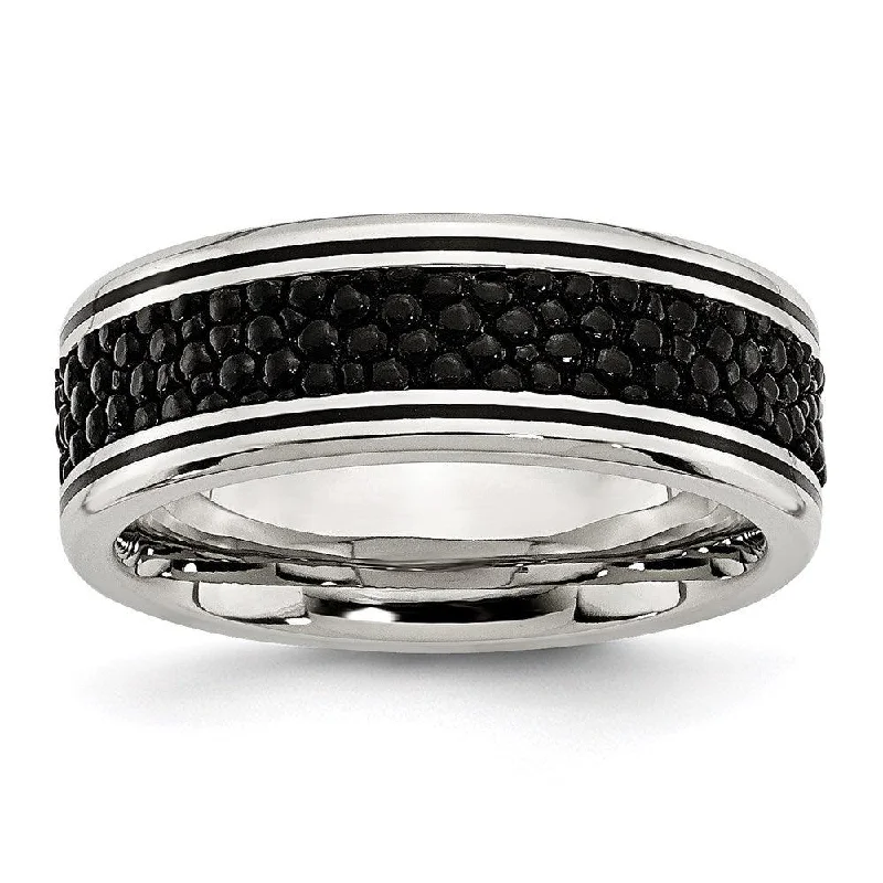 Rings with black diamond for striking contrast -Stainless Steel Polished Grooved/Genuine Stingray Textured 8mm Ring