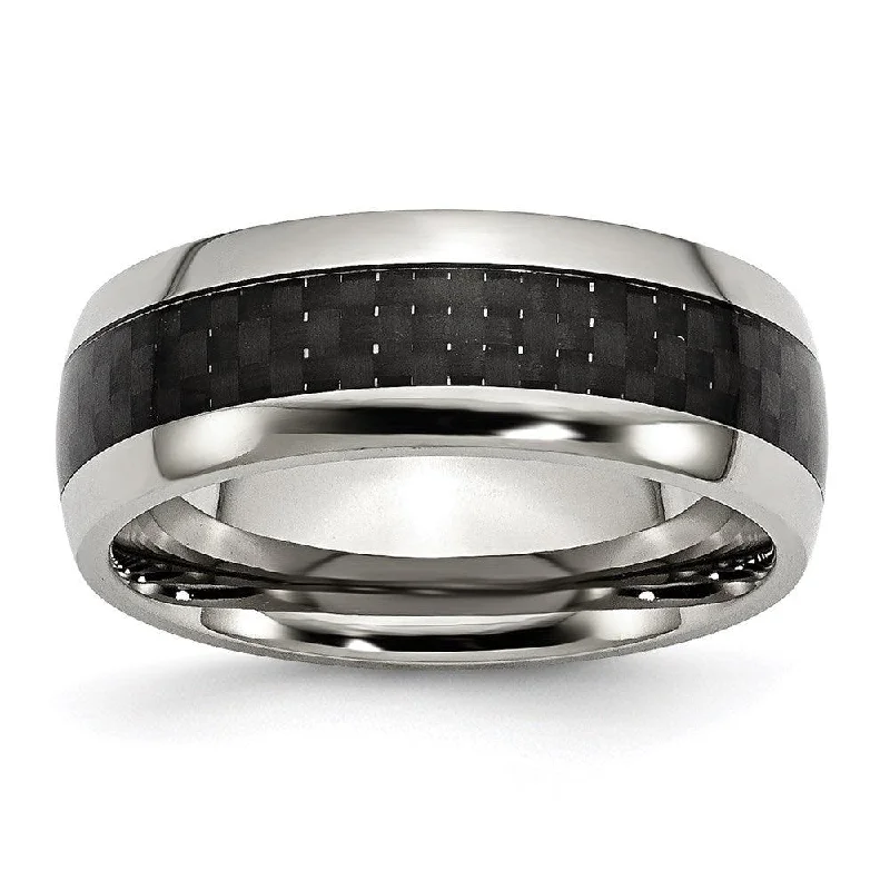 Dainty rings with subtle engraved star motifs -Stainless Steel Polished w/ Black Carbon Fiber Inlay 8mm Band