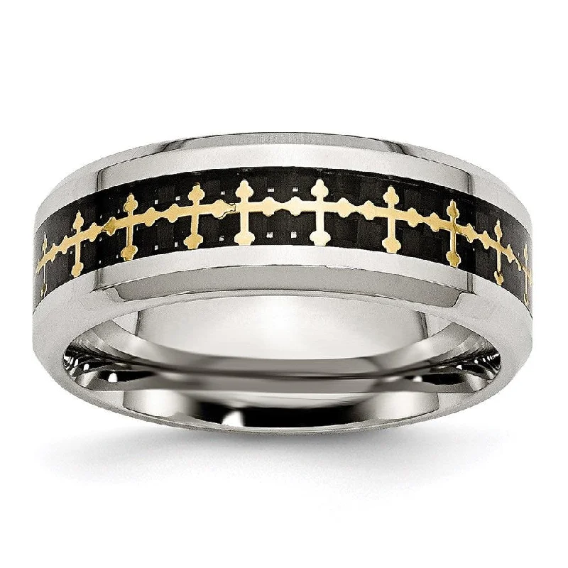 Titanium rings with rugged brushed metal look -Stainless Steel Polished w/Carbon Fiber Inlay/Yellow IP-plated Cross Ring