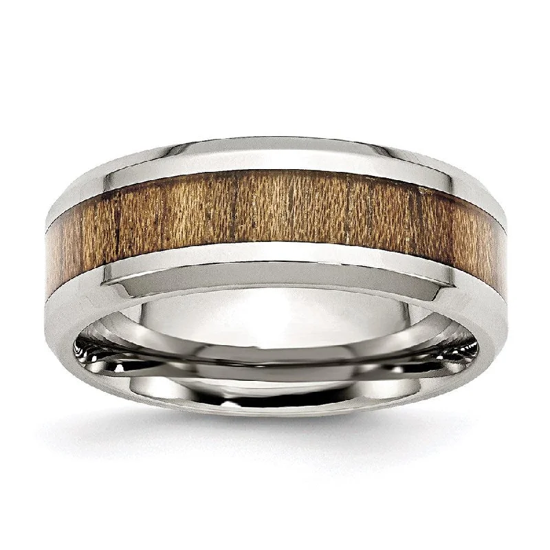 Rings with hematite for sleek metallic sheen -Stainless Steel Polished Wood Inlay Enameled 8.00mm Ring