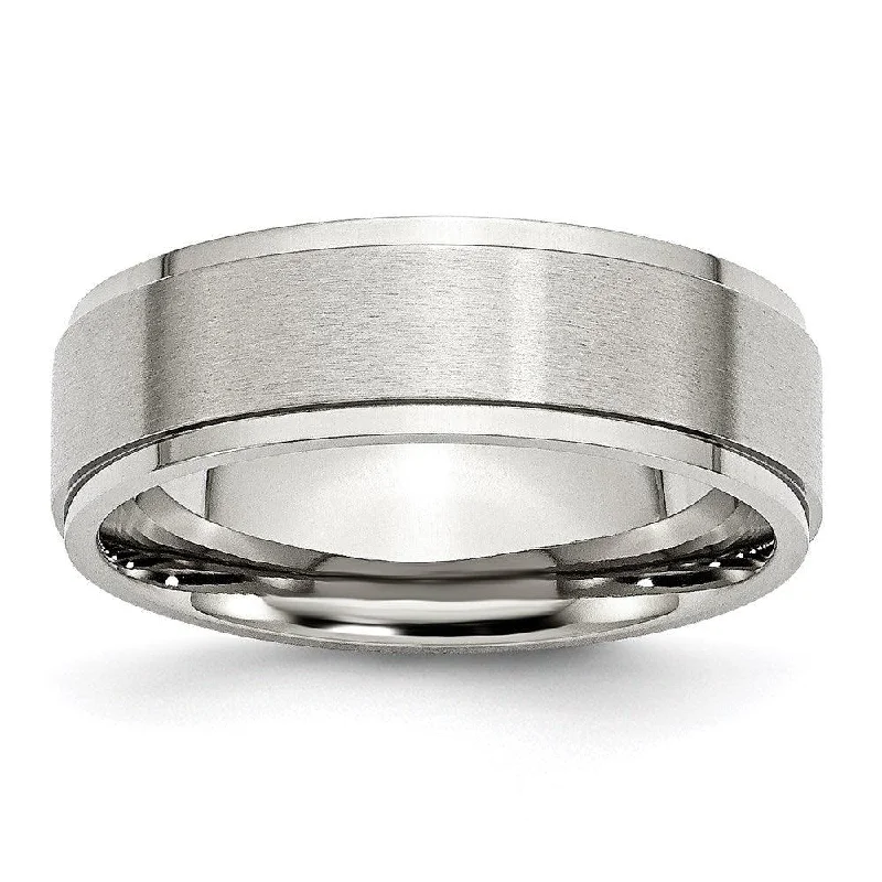 Chunky rings with hammered gold band texture -Stainless Steel Ridged Edge 7mm Brushed and Polished Band