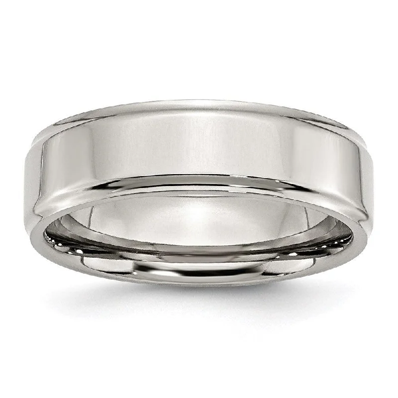 Rings with black diamond for striking contrast -Stainless Steel Ridged Edge 7mm Polished Band