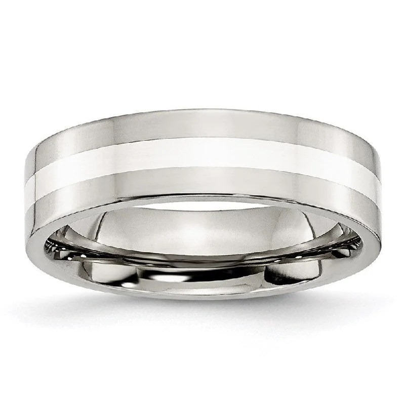 Rings with oxidized bands for vintage edge -Stainless Steel Sterling Silver Inlay Flat 6mm Polished Band