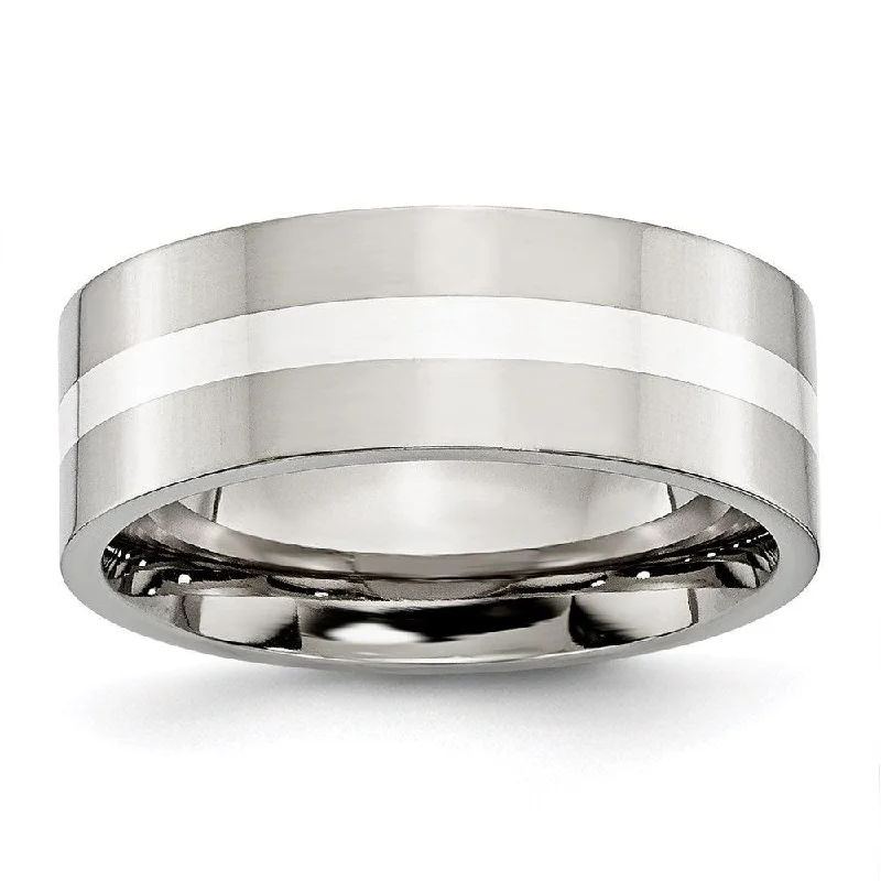 Rings with spiral designs for eye-catching twist -Stainless Steel Sterling Silver Inlay Flat 8mm Polished Band