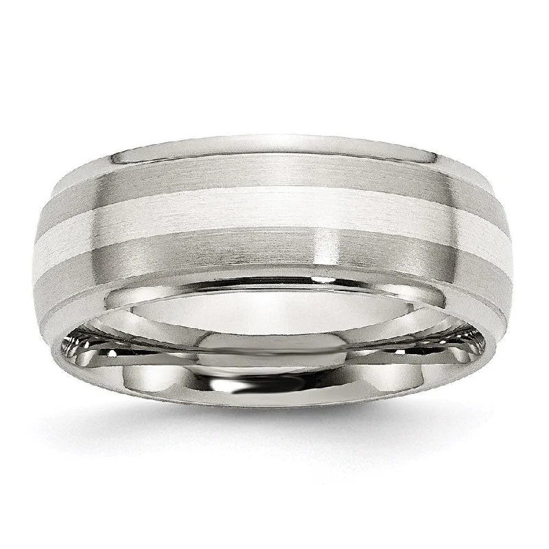 Rings with knot motifs for symbolic love -Stainless Steel Sterling Silver Inlay Ridged Edge Brushed and Polished Band