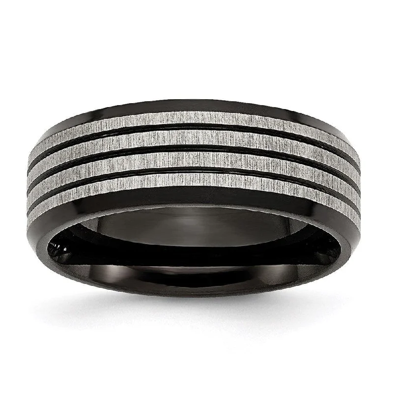 Gold rings with intricate celtic knot patterns -Stainless Steel Striped 8mm Black IP-plated Brushed/Polished Band