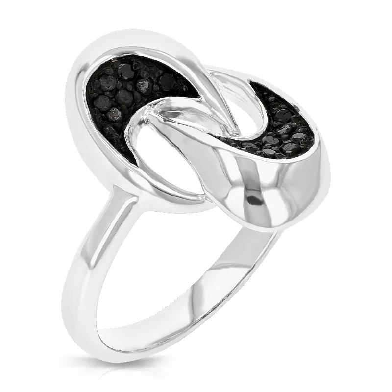 Chunky rings with hammered gold band texture -Sterling Silver Black Diamond Ring (0.15 cttw)