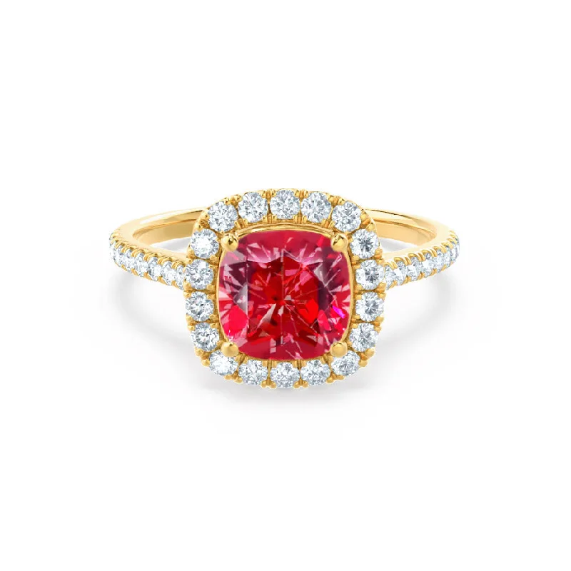 Rings with starburst topaz for radiant beauty -VIOLETTE - Ready to Ship Chatham® Cushion 6mm Ruby & Diamond 18k Yellow Gold Petite Halo Ring