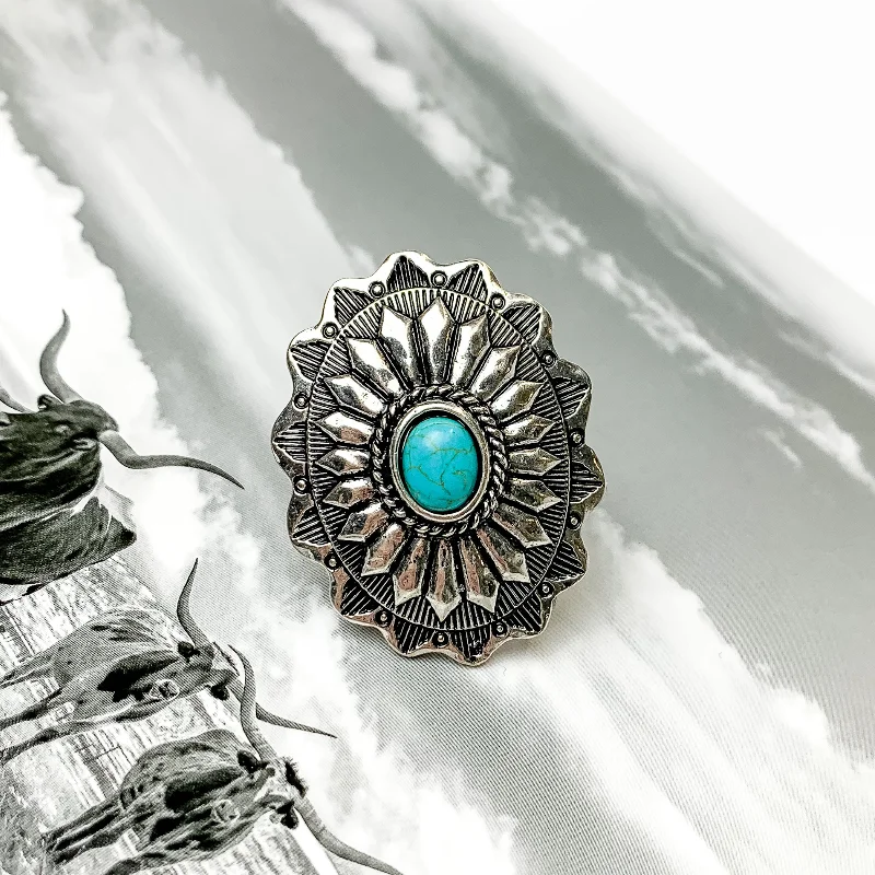 Rings with claw-set moonstone for mystique -Western Concho Turquoise Cuff Ring