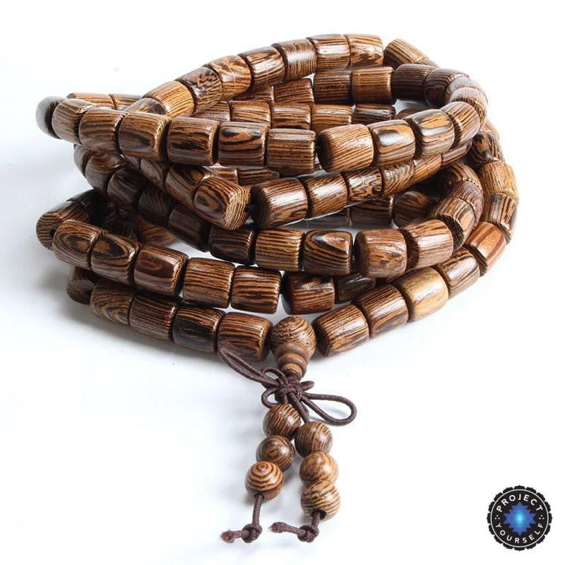 Sleek bangle bracelets with polished titanium for a modern and lightweight option-108 Cylindrical Wenge Wood Mala Beads Bracelet