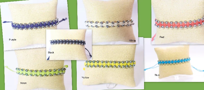 Best bangle bracelets with crystal accents for added sparkle and glamour-3 dollars for dozen Silver Beads 5mm Macrame Hand Made Bracelet 7 colors 26 Beads in one bracelet and wholesale