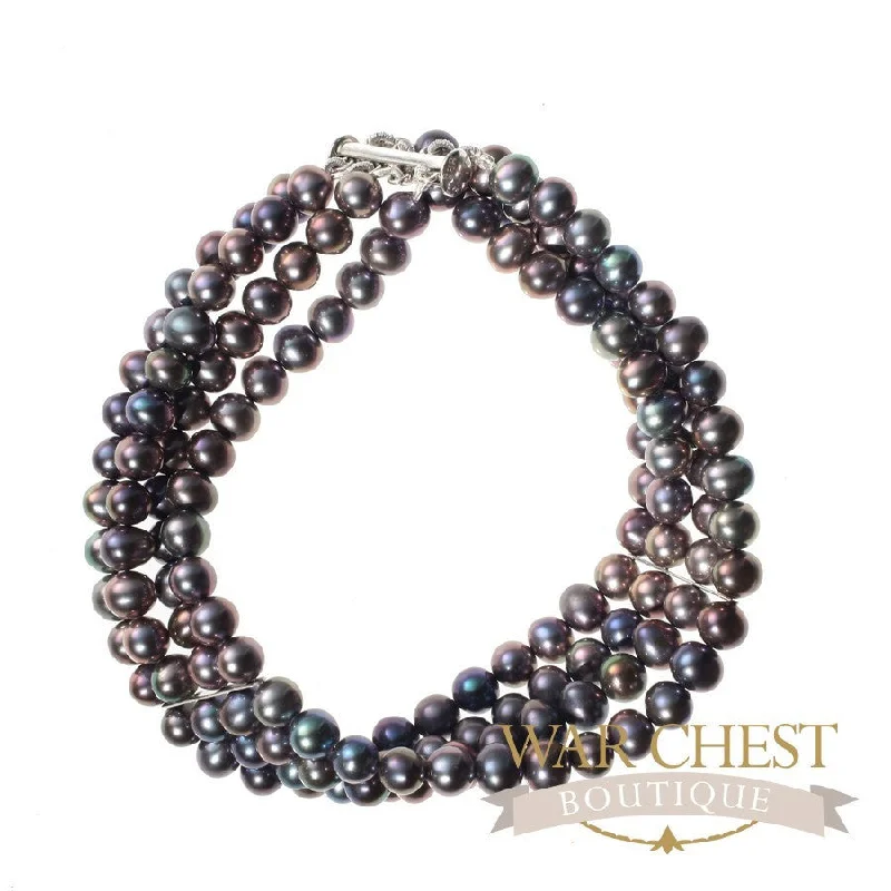 Simple bangle bracelets with open designs for a trendy and minimalist style-Four Strand Stayed Black Pearl Bracelet