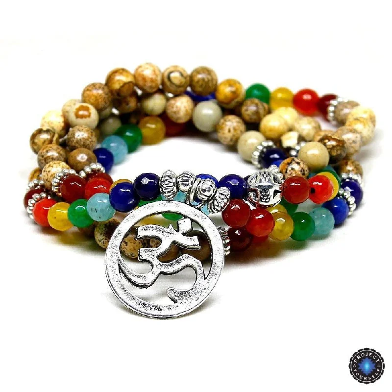 Best bangle bracelets with adjustable sizes for a comfortable and perfect fit-7 Chakra 108 Mala Natural Stone Beads Om Charm Bracelet