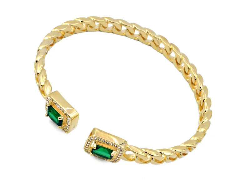 Colorful bangle bracelets with enamel details for a playful and youthful style-Adjustable Green Zirconia Bangel Cuban chain Bracelet Curb Gold Filled EP style Gift for her