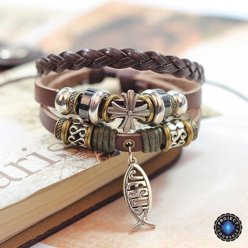 Best bangle bracelets with vibrant stones for a rich and colorful appearance-Adjustable Multilayer Leather Ichthys "Jesus Fish" Bracelet