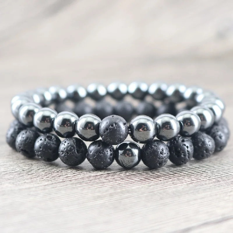 Best bangle bracelets with hand-crafted details for a unique and artisanal touch-Balancing Hematite and Lava Stone Protection Bracelets