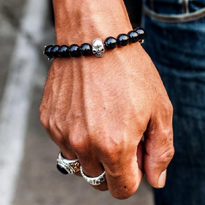 Best bangle bracelets with crystal accents for added sparkle and glamour-Black Onyx Skull Bone Sterling Silver Gothic Bracelet