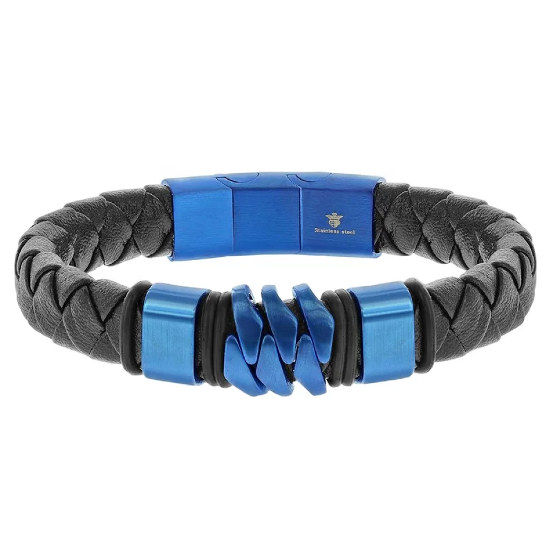 Best bangle bracelets with adjustable sizes for a comfortable and perfect fit-Blackjack Men's Bracelet - Blue Stainless Steel and Genuine Black Leather | ST-1620