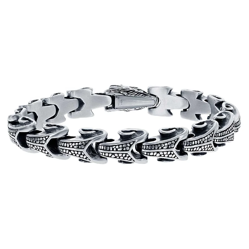 Best bangle bracelets with engraved messages for personalized gifts and keepsakes-Blackjack Men's Bracelet - Silver Stainless Steel Oxidized Dragon Design | ST-1618