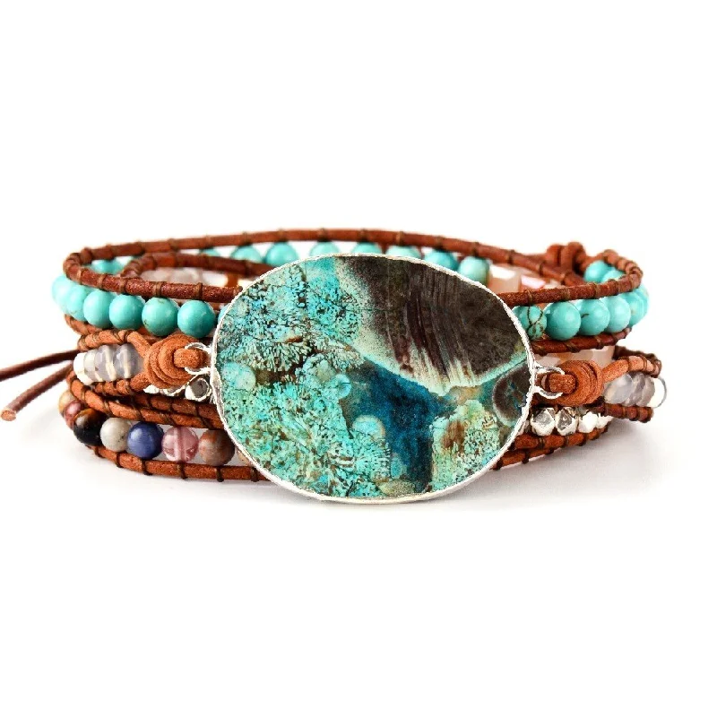 Bangle bracelets with colorful gemstone accents for a fun and vibrant pop of color-Calming Ocean Stone Wrap Bracelet