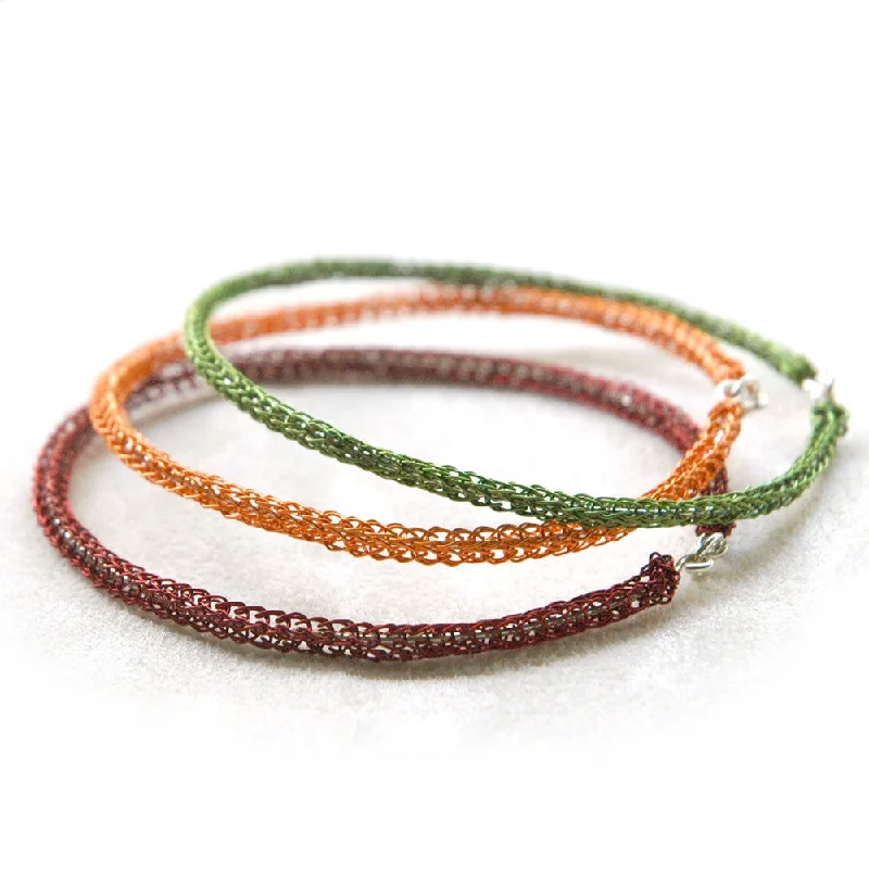 Unique bangle bracelets with colorful enamel designs for a vibrant and playful look-Color Bangles Trio - wire crochet jewelry , handmade funky bangles ,Marsala , fall colors