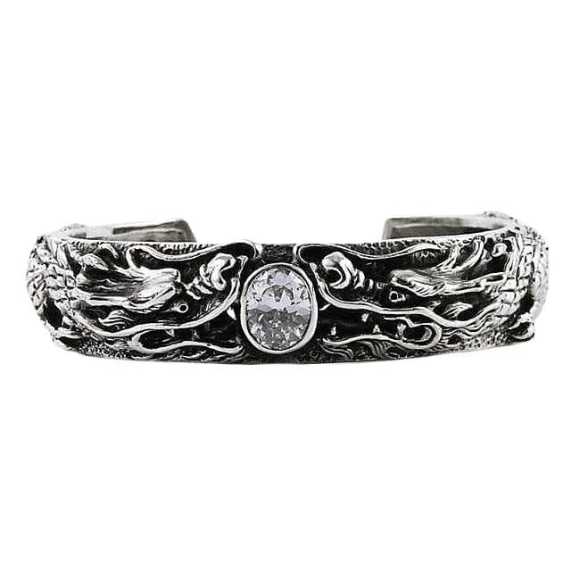 Wide metal bangle bracelets with engraved patterns for a luxurious and intricate look-Diamond Japanese Dragon Sterling Silver Biker Cuff Bracelet