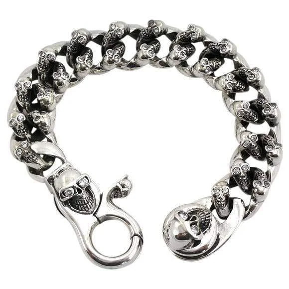 Bangle bracelets with open-ended designs for a modern and adjustable fit-Diamond Skull Sterling Silver Biker Bracelet