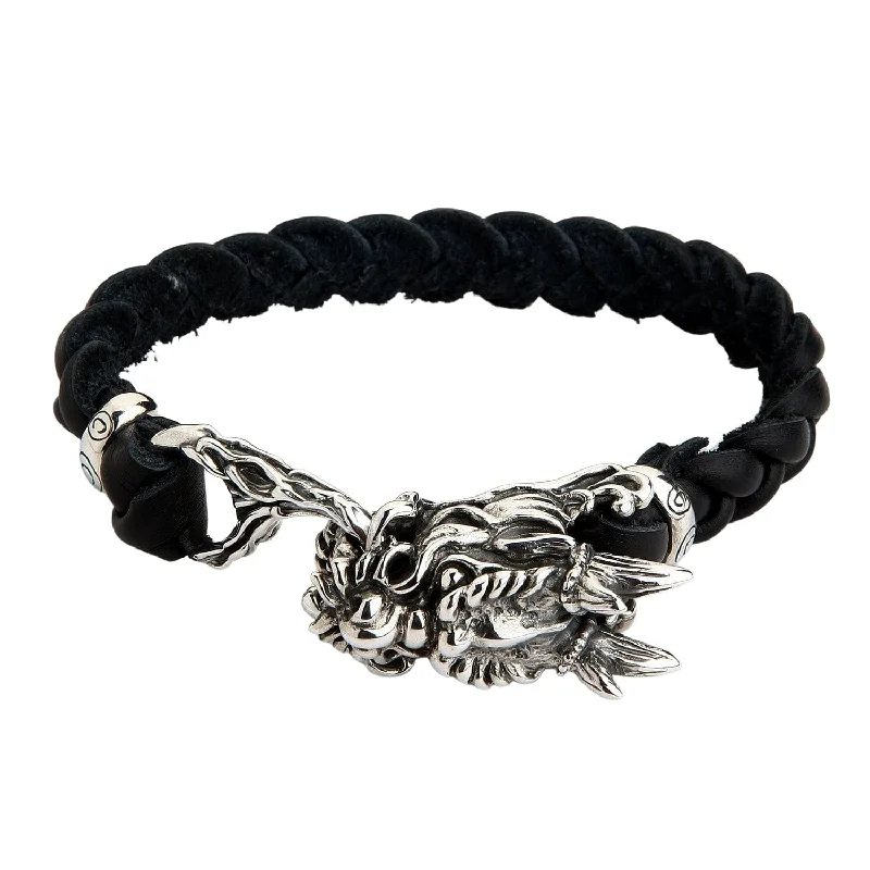 Best bangle bracelets with infinity symbols for a design full of meaning and charm-Dragon Head Sterling Silver Leather Chain Bracelet