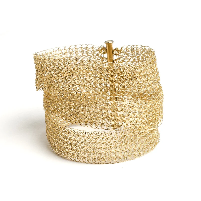 Simple bangle bracelets with smooth matte finishes for a subtle and modern style-Gold Layered Bracelet Cuff , Wire Crochet Bridal Cuff , Handmade Bridal Jewelry