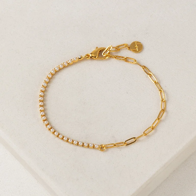 Minimalist bangle bracelets with a thin profile for a sleek and subtle appearance-Gold Plated Tennis Pearl Paperclip Bracelet