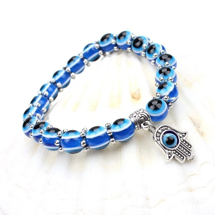 Best bangle bracelets with engraved birthstones for a personalized, meaningful gift-Handmade Evil Eye Glass Beads Hamsa Charm Bracelet