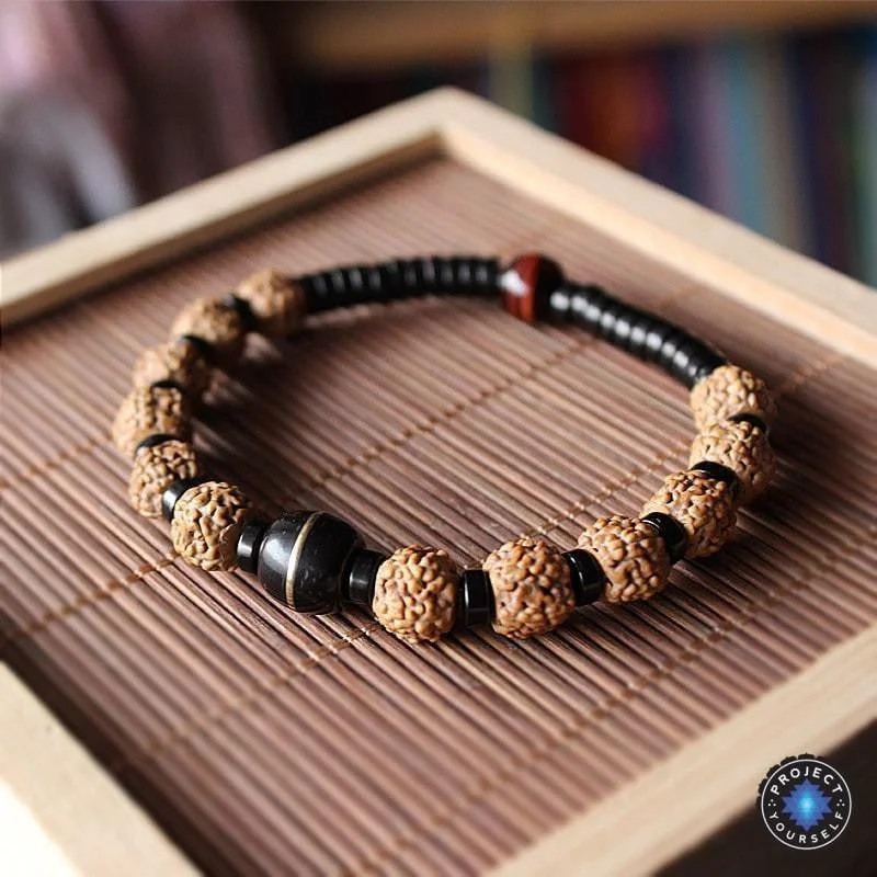 Adjustable bangle bracelets with toggle clasps for easy, secure wearing-Himalayan Rudraksha and Coconut Tiger Eye Bracelet