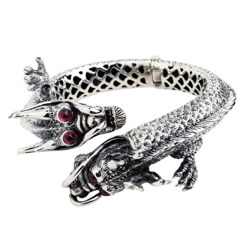 Sleek bangle bracelets with polished titanium for a modern and lightweight option-Huge Dragon Sterling Silver Biker Cuff Bracelet