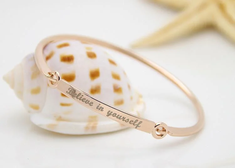 Bangle bracelets with braided leather straps for a chic, rustic vibe-Inspirational Script Engraved "Believe In Yourself" Bangle Bracelet