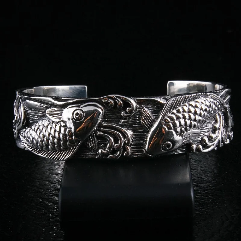 Bangle bracelets with hand-painted designs for an artistic and colorful look-Japanese Koi Sterling Silver Cuff Bracelet